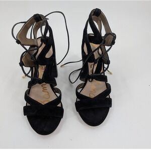 Sam Edelman Black Suede Lace Up Strappy Block Heel Sandals Croc Embossed 7.5